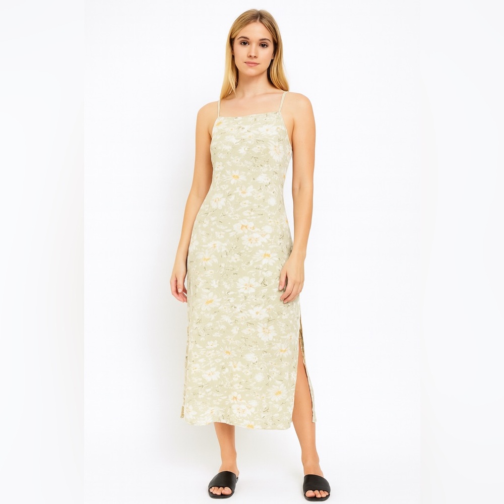 American Eagle Floral Soft Green Cream XS Midi Sleeveless Dress Slit Open Back